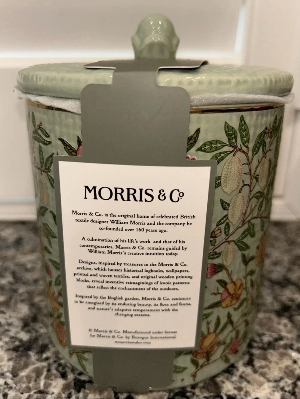 MORRIS & CO. Green Floral Fruit Burlap-Look Ceramic Cotton Jar W/ Lid NEW